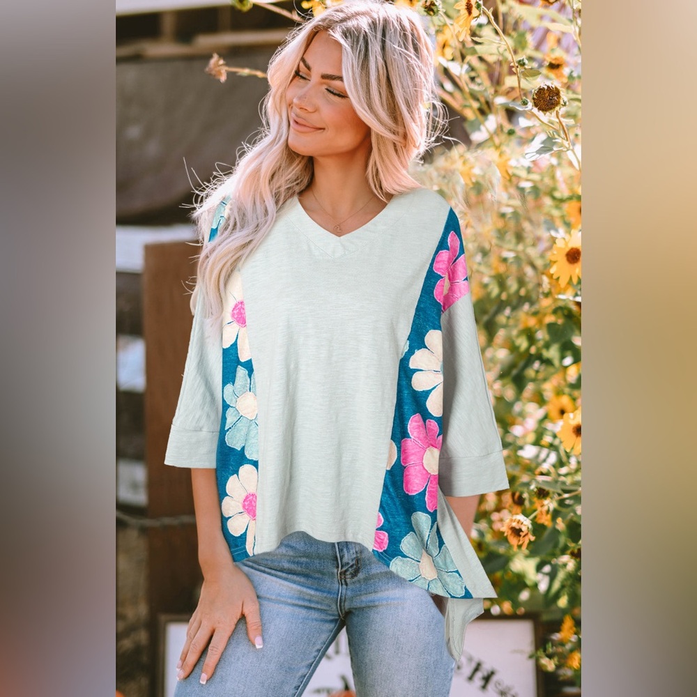 Green Flower Patchwork Exposed Seam Oversized High Low Top; Bohemian Boho Top